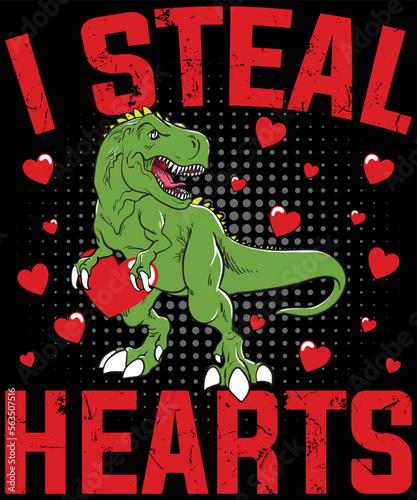 Valentine's Day Dinosaur I Steal Hearts Boys Men Love T rex T-Shirt