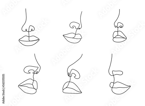 Linear woman lips. Permanent makeup and microblading. Mouth and nose icon on white background. Set of abstract minimalistic female portraits. Modern vector illustrations.