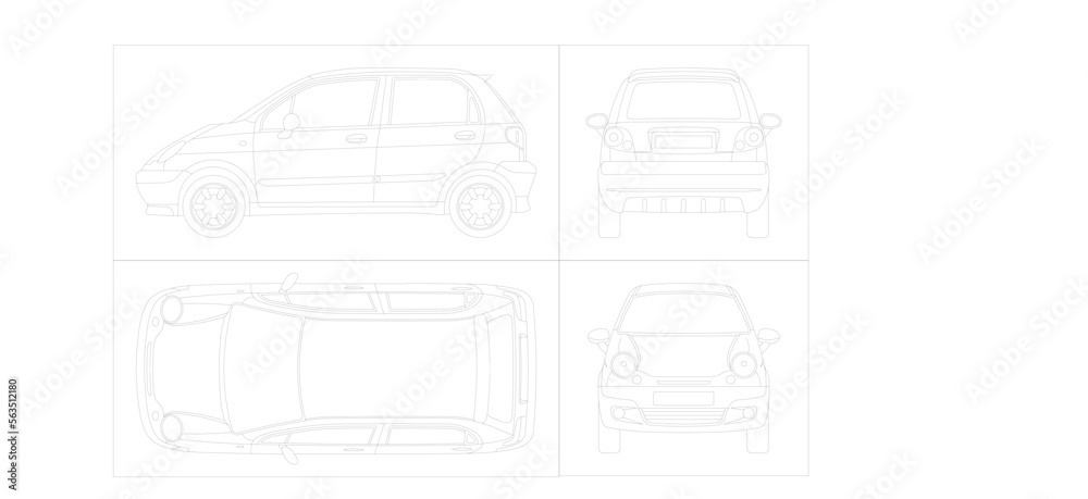 Vector sketch illustration of a car looking at various sides Vector sketch illustration of a car looking at various sides