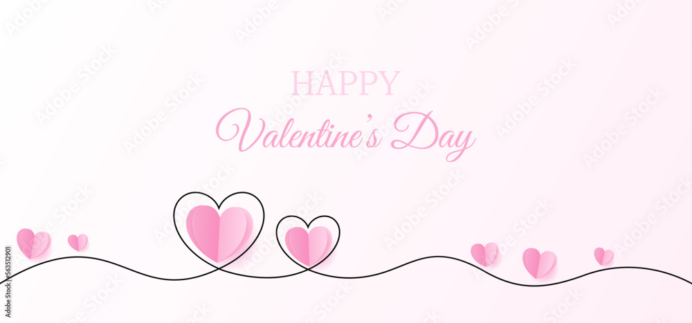 pink paper heart with single line heart drawing on pink background, Happy valentine's day card vetcor illustration.
