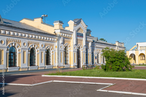 Facade of the ancient building of the railway station on a sunny August morning. Tikhvin