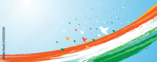 India Happy Independence Day celebration card with Indian national flag brush stroke background design. Vector illustration. Indian Independence Day concept background with doves tri color flying.