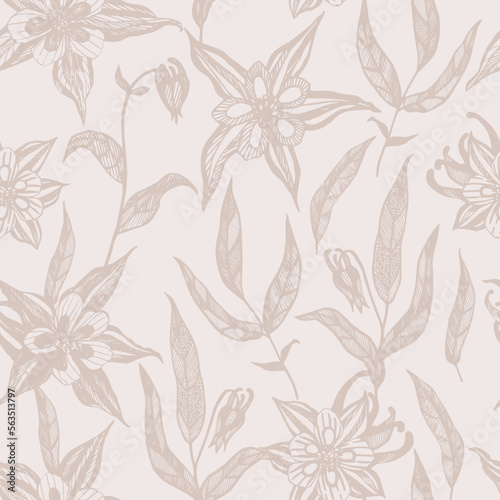 Aquilegia flower monochrome design seamless flower for fabric, stationery, wallpaper or textile.