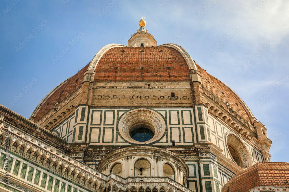 Ornate facade and Brunelleschi dome of the Duomo Cathedral in Florence, Italy