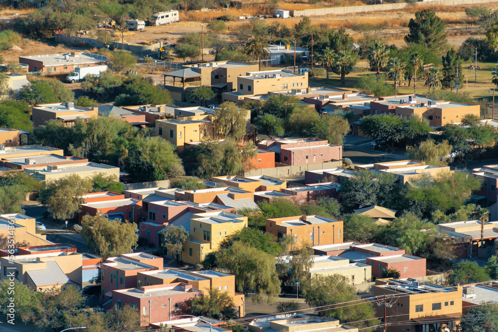 Red orange and white adobe buildings in the sonora desert of Arizona in southwestern United States