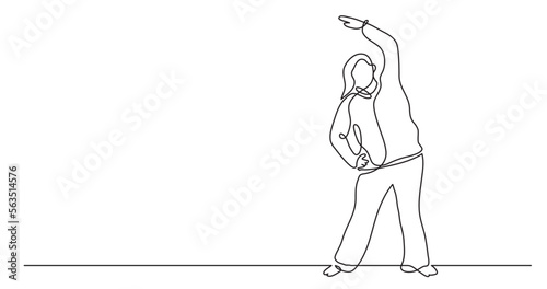 continuous line drawing vector illustration with FULLY EDITABLE STROKE of confident oversize woman exercising showing body positivity