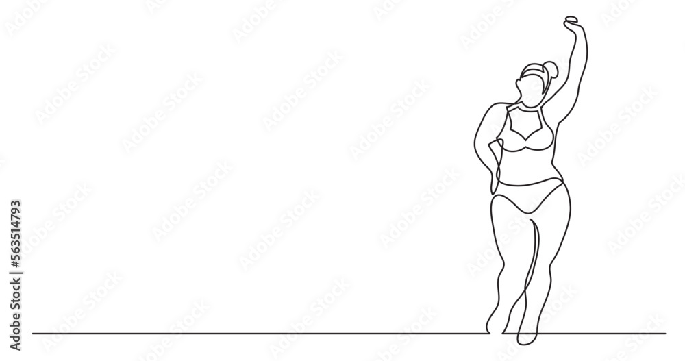 continuous line drawing vector illustration with FULLY EDITABLE STROKE of happy oversize woman in underwear standing cheering body positivity continuous line drawing vector illustration with FULLY EDITABLE STROKE of happy oversize woman in underwear standing cheering body positivity