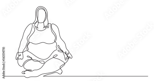 continuous line drawing vector illustration with FULLY EDITABLE STROKE of confident oversize woman sitting in lotus pose doing yoga celebrating body positivity