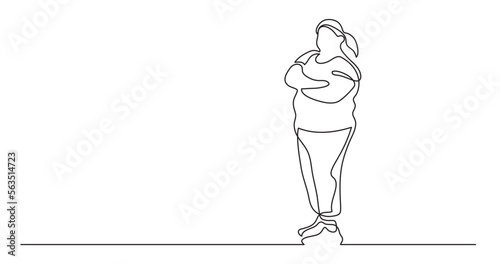 continuous line drawing vector illustration with FULLY EDITABLE STROKE of confident oversize woman standing celebrating body positivity
