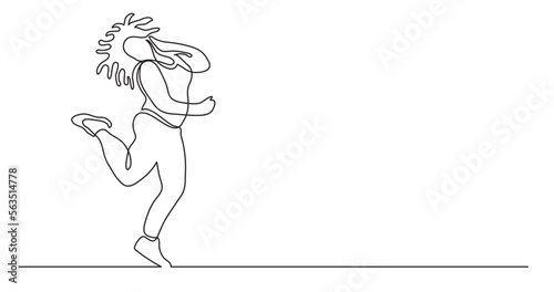 continuous line drawing vector illustration with FULLY EDITABLE STROKE of happy oversize woman dancing celebrating body positivity