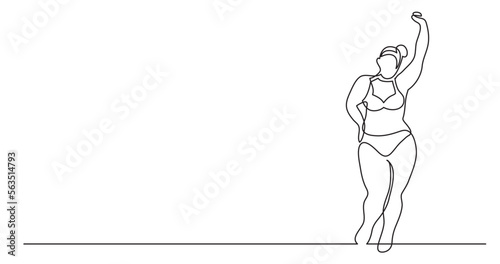 continuous line drawing vector illustration with FULLY EDITABLE STROKE of happy oversize woman in underwear standing cheering body positivity