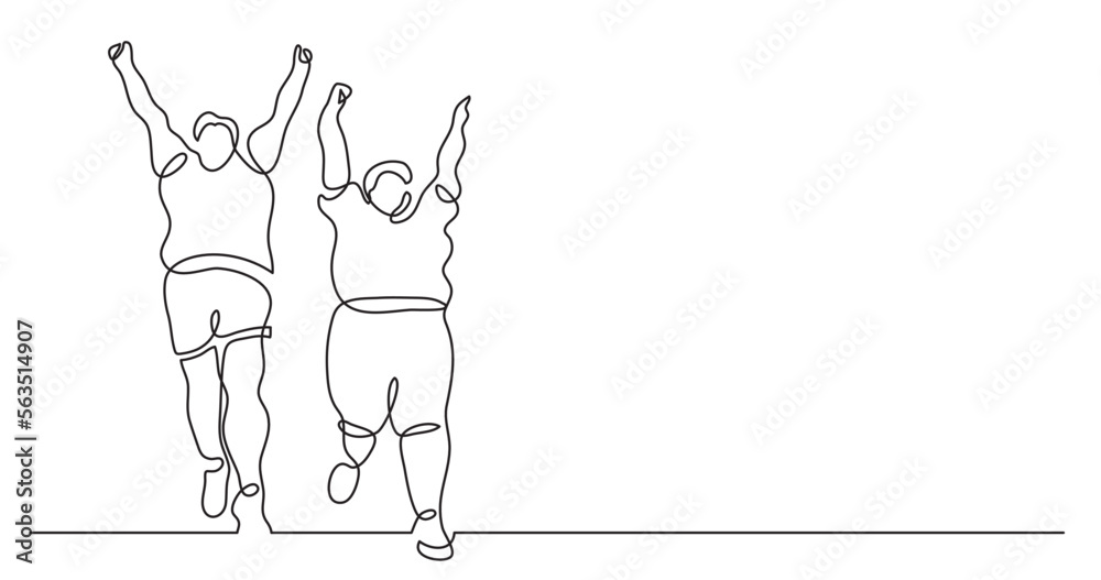 continuous line drawing vector illustration with FULLY EDITABLE STROKE of two happy curvy women cheering celebrating body positivity