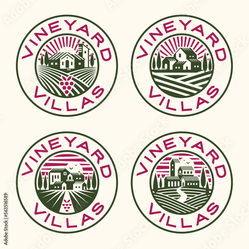 Vineyard Landscape with Houses Logo Emblem. Farm Grape fields with Houses Vector Illustrations