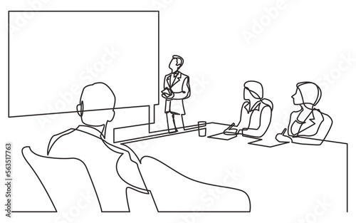 continuous line drawing vector illustration with FULLY EDITABLE STROKE of business presentation before team
