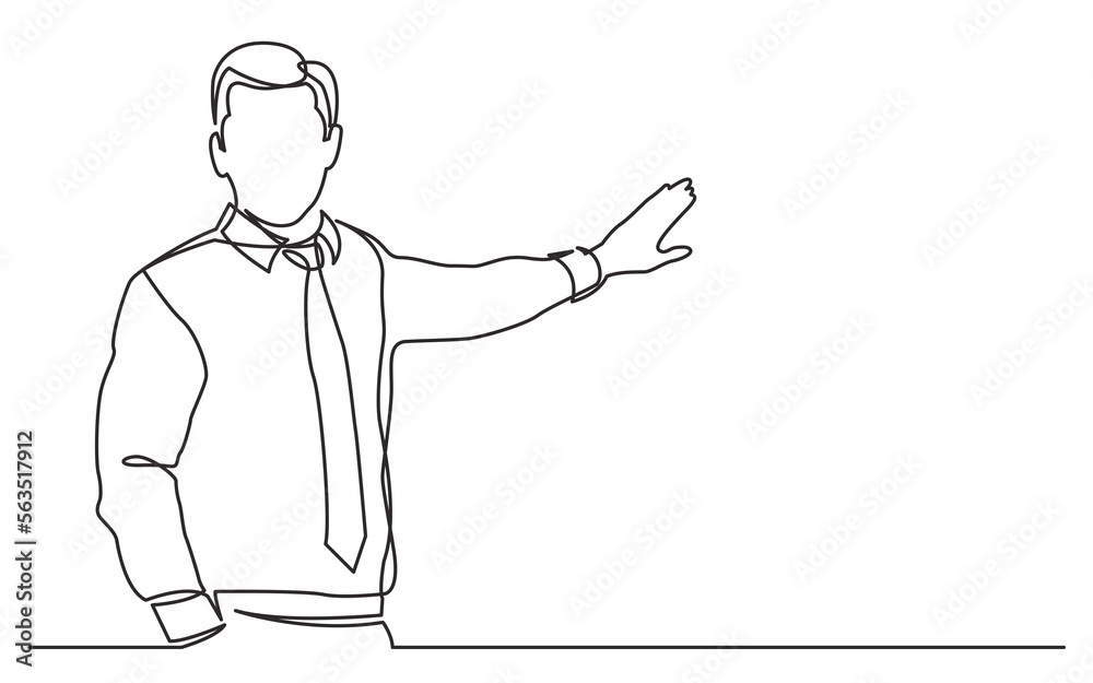 continuous line drawing vector illustration with FULLY EDITABLE STROKE of business trainer talking