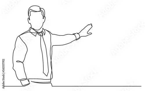 continuous line drawing vector illustration with FULLY EDITABLE STROKE of business trainer talking