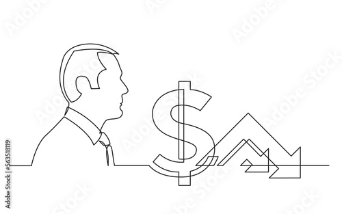 continuous line drawing vector illustration with FULLY EDITABLE STROKE of businessman thinking about collapsing stock market
