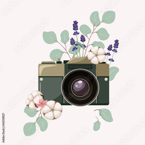Photo camera with cotton flowers and twigs. Сard.