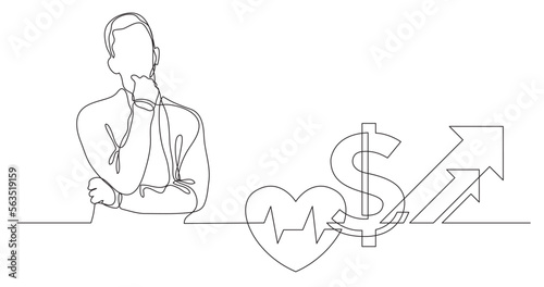 continuous line drawing vector illustration with FULLY EDITABLE STROKE of man thinking about skyrocketing health cost