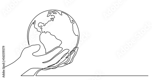 continuous line drawing vector illustration with FULLY EDITABLE STROKE of of human hand holding world planet earth