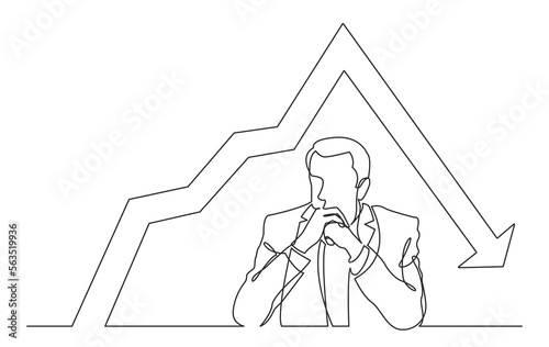 continuous line drawing vector illustration with FULLY EDITABLE STROKE of seriously thinking man with declining chart