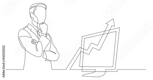 continuous line drawing vector illustration with FULLY EDITABLE STROKE of vector illustration with FULLY EDITABLE STROKE of businessman thinking about busines growth