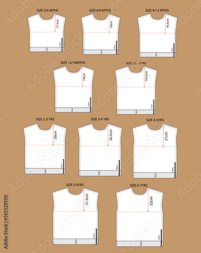 Apparel sewing pattern with cut and sew measurement details vector illustration front views.