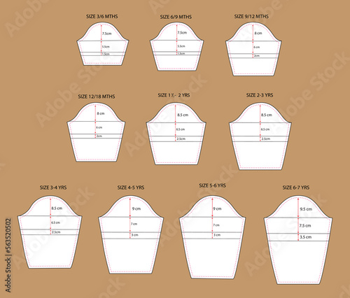 Apparel long Sleeve sewing pattern with cut and sew and print measurement details vector illustration.