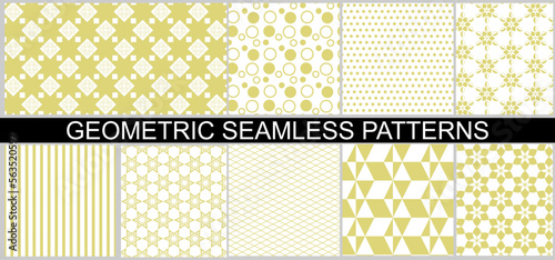 Fototapeta Naklejka Na Ścianę i Meble -  Universal seamless patterns for design and printing - polka dots, stripes, stars, geometric flowers, triangles. Gold on white.