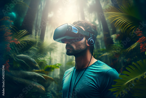 A man wearing VR headset outside in the forest. Generative AI. © Pro Hi-Res