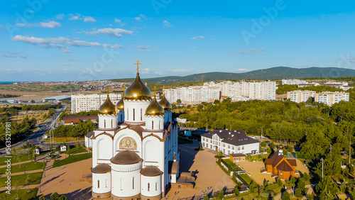 Gelendzhik, Russia. Cathedral of St. Andrew the First-Called. Andreevsky park, Aerial View photo