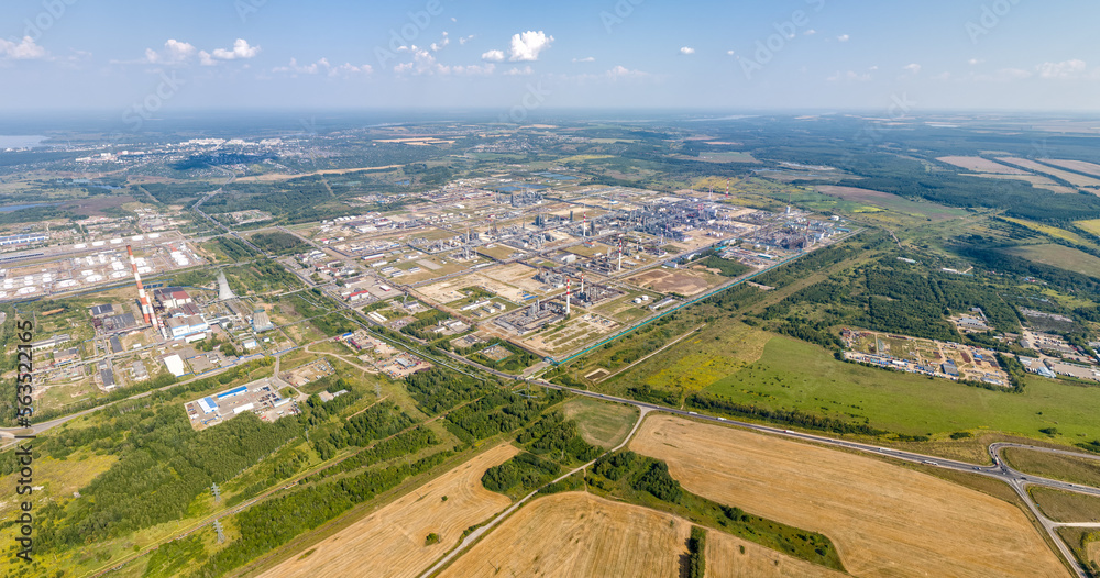 Kstovo, Nizhny Novgorod region, Russia. Oil refinery on the M7 Volga highway. Southern Bypass of Nizhny Novgorod. Aerial view