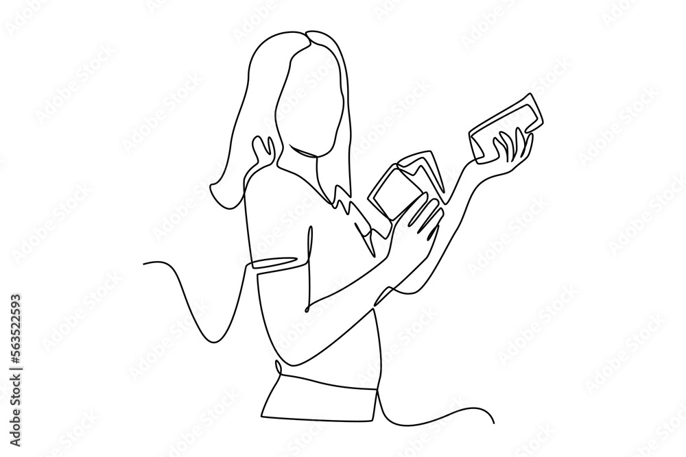 Continuous one line drawing happy woman holding money. Budget planning concept. Single line draw design vector graphic illustration. Continuous one line drawing happy woman holding money. Budget planning concept. Single line draw design vector graphic illustration.