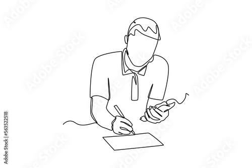 Continuous one line drawing happy man makes budget planner with calculator. Budget planning concept. Single line draw design vector graphic illustration.