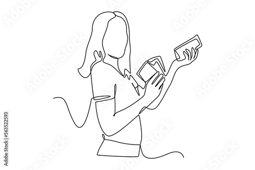 Continuous one line drawing happy woman holding money. Budget planning concept. Single line draw design vector graphic illustration.