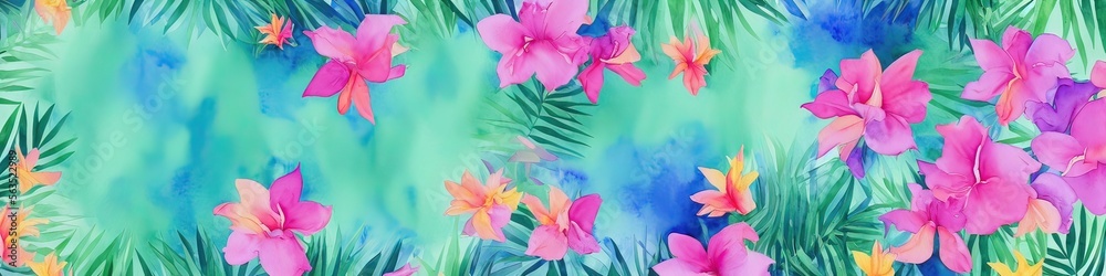 Watercolor flowers - generative AI image of a beautiful watercolor banner with colorful tropical flowers