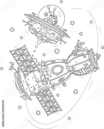 Funny alien piloting a flying saucer circling a spaceship in planetary orbit, black and white outline vector cartoon illustration for a coloring book