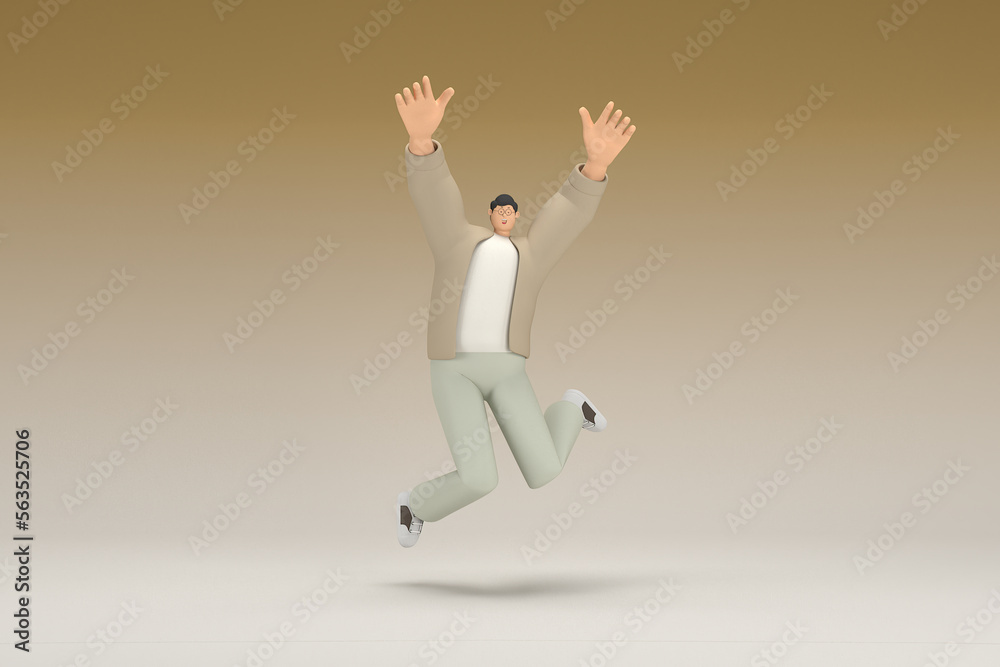 A man with glasses wearing brown cloth is  jumping. 3d rendering of cartoon character in acting.