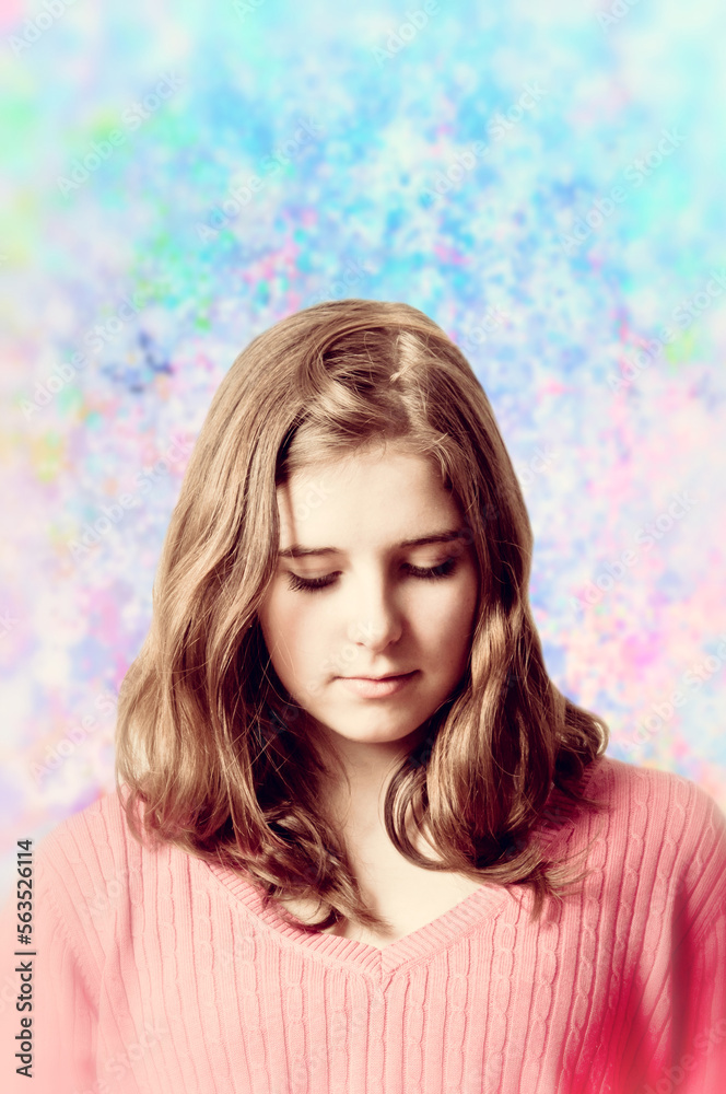 pensive girl with a jolly background of pastel colors pensive girl with a jolly background of pastel colors