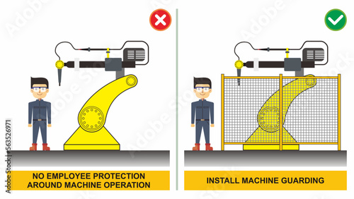 Worker stand near the machine operation zone. Mechanical movement hazard. Install guarding with fence. Workplace safety do's and dont's vector illustration.