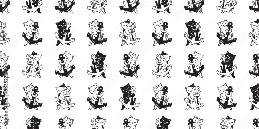 Fototapeta premium cat seamless pattern anchor boat kitten calico vector breed neko cartoon pet gift wrapping paper tile background repeat wallpaper animal doodle illustration design scarf isolated