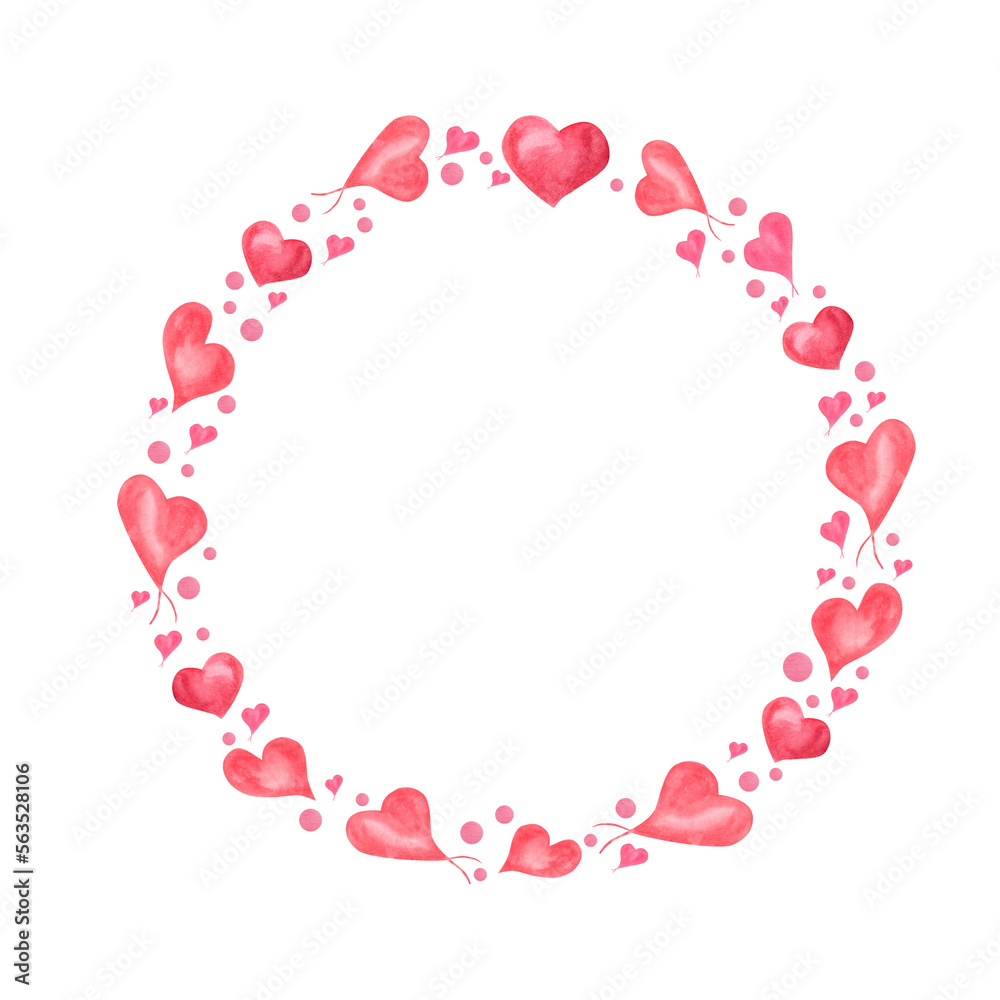 Watercolor wreath of pink hearts. Romantic illustration isolated on white background. For Save the date, Valentines day, birthday and mothers day cards, wedding invitation