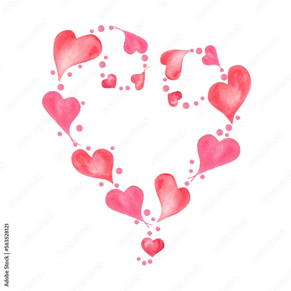Heart made up of little watercolor pink hearts. Romantic illustration isolated on white background. For Save the date, Valentines day, birthday and mothers day cards, wedding invitation.