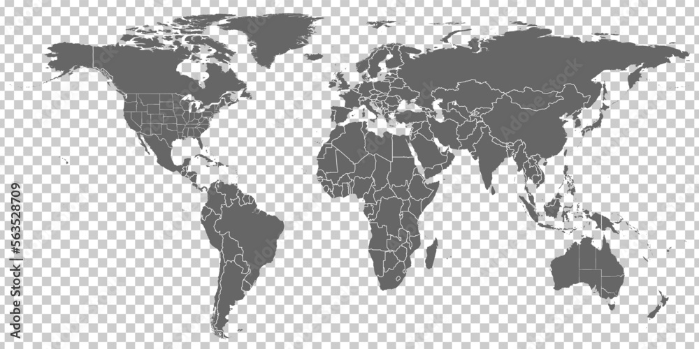 World Map vector. Gray similar world map blank vector on transparent background.  Gray similar world map with borders of all countries and States of USA map, and States of Australia map. High quality  - obrazy, fototapety, plakaty 
