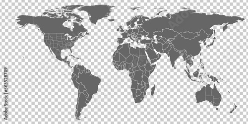 World Map vector. Gray similar world map blank vector on transparent background. Gray similar world map with borders of all countries and States of USA map, and States of Australia map. High quality 