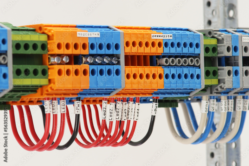 Electrical terminals with connected mounting wires marked with ...