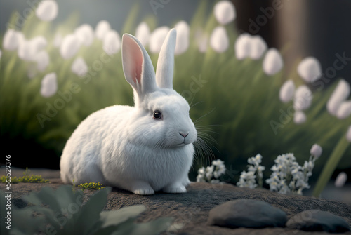 a white bunny  in the background a blurred beautiful flowers garden scene. made with generative AI