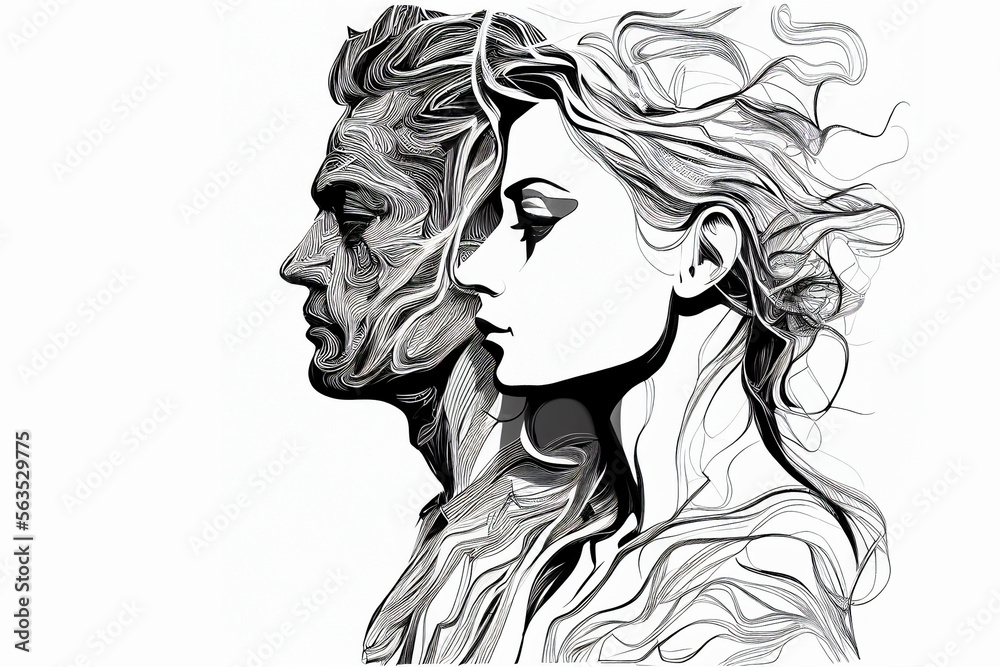 Fototapeta premium Thoughtful abstract line-art of woman and man.