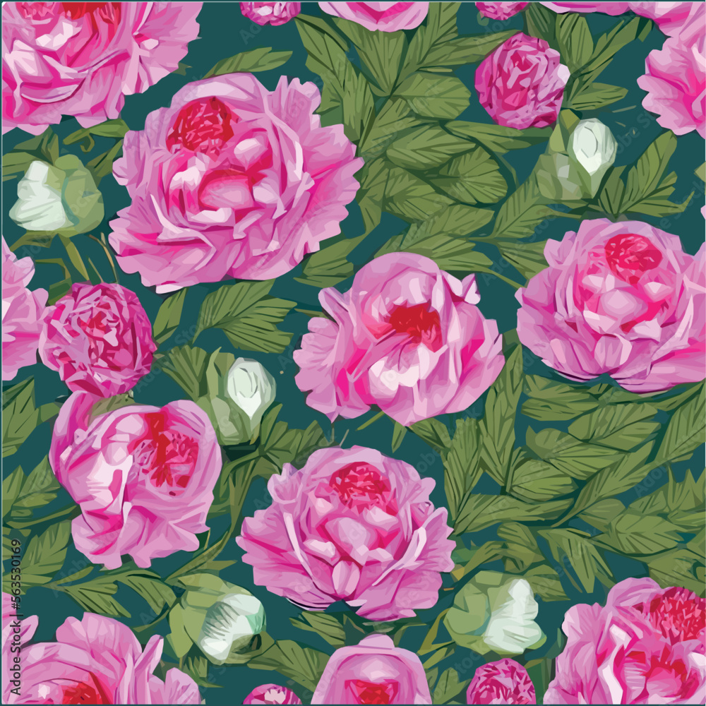 Vector seamless pattern with pink peonies and leaves on a green ...