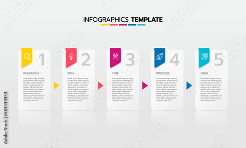 Business infographic template process with simple geometry square, rectangle, circle, triangle, curves in flat design template with thin line icons and 5 options or steps. Vector illustration.